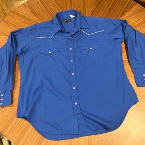 High Noon Men's Shirt Long Sleeve XL Blue W/ White Piping Pearl Snap Rockabilly